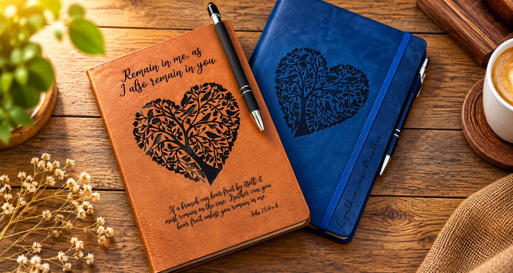 Engraved leather journals and pens on a wooden table.