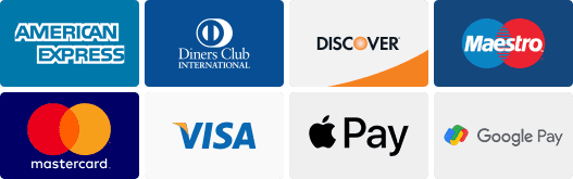American Express, Diners Club, Discover, Maestro, Mastercard, Visa, Apple Pay, and Google Pay