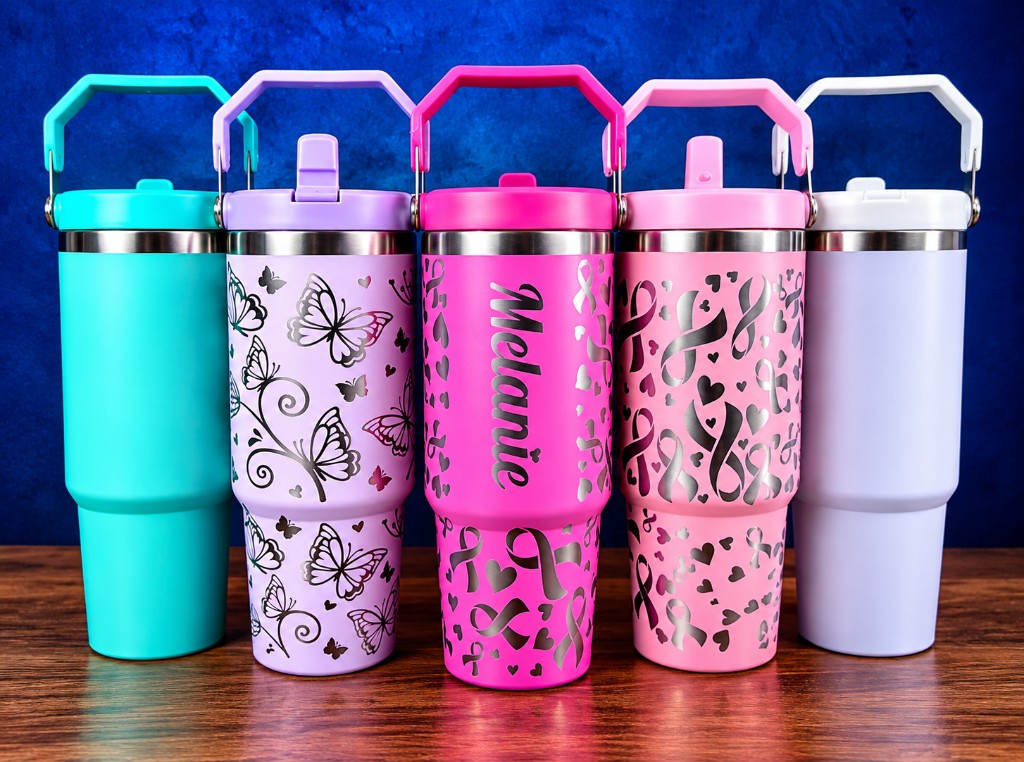 Five engraved tumblers in teal, lavender, pink, and white.