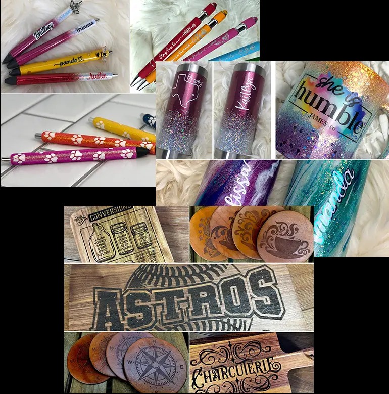Customizable pens, tumblers, and wooden coasters.