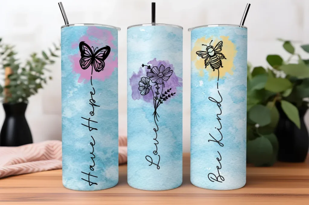 Three skinny cups with a butterfly, flower and bee designs.