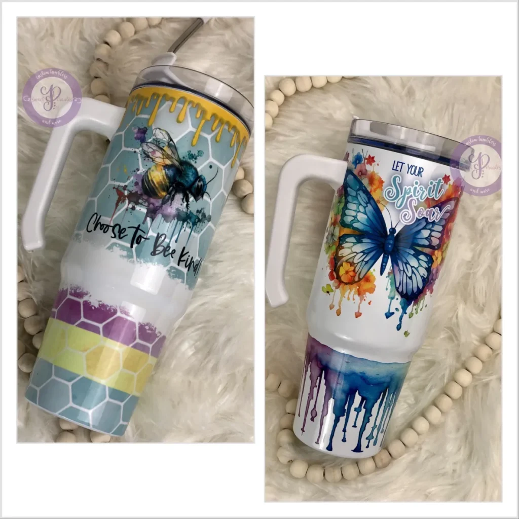 A close up of two cups with handles