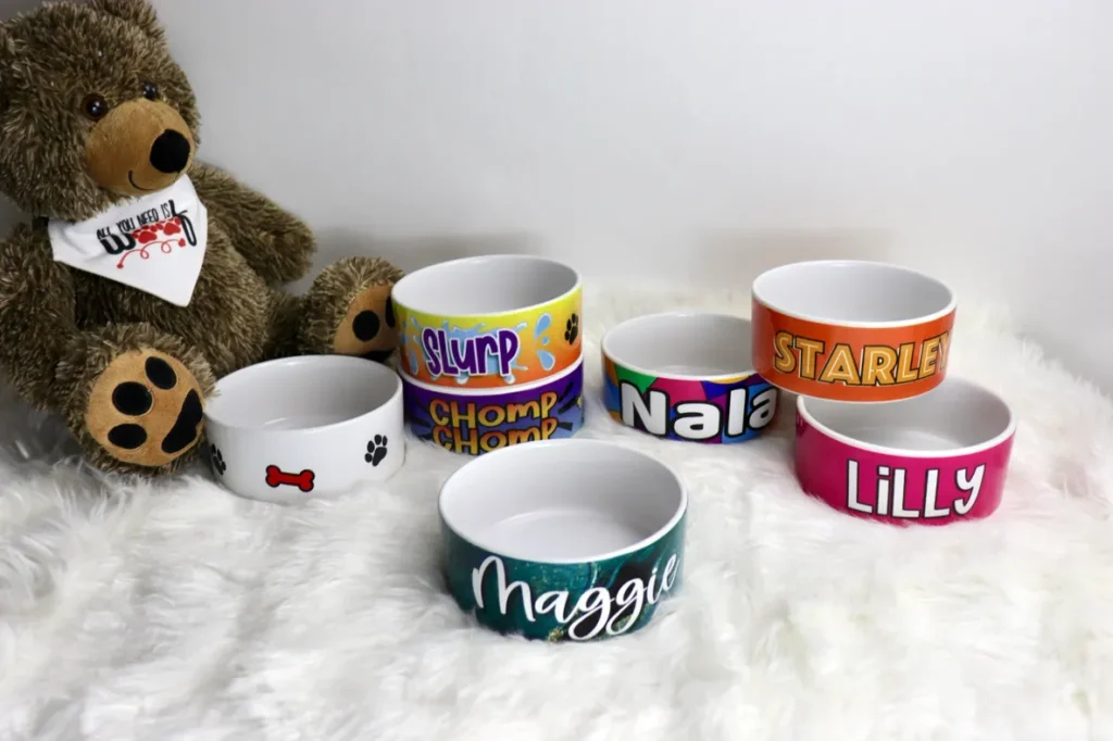 A teddy bear and some bowls with names on them
