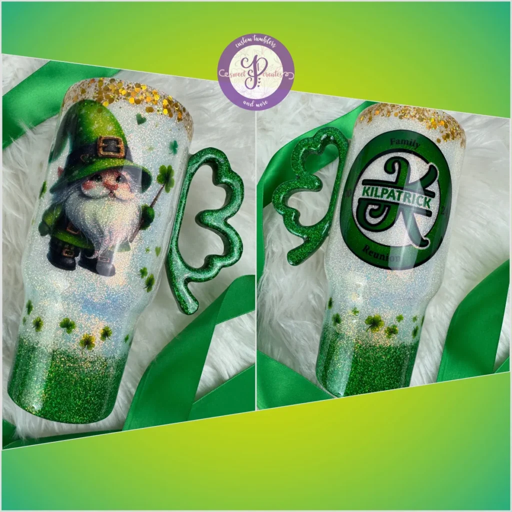 A close up of two different glasses with green designs