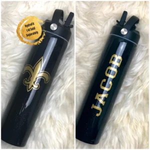 A black water bottle with the name jacob and an image of it.