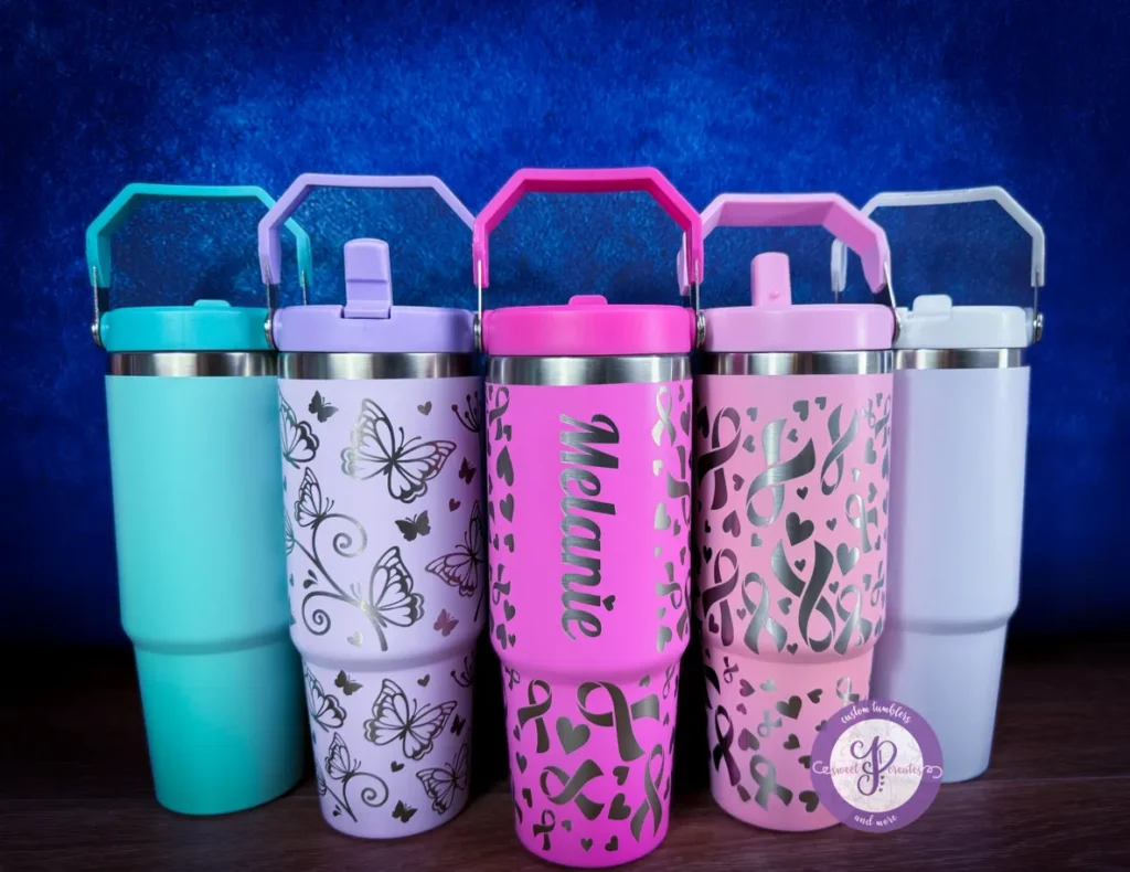 Pastel travel tumblers with lids and handles