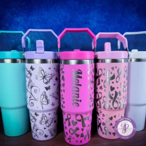 A group of different colored cups with handles.