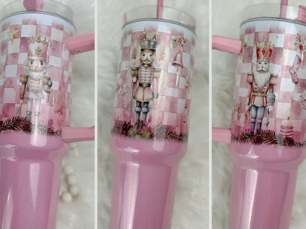 Nutcracker-themed pink drink container with decorations.