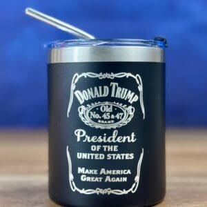 Donald Trump slogan on a drinking container.