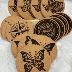 Decorative cork coasters with various designs.