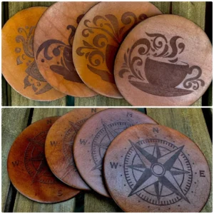 Decorative leather coasters with unique designs.