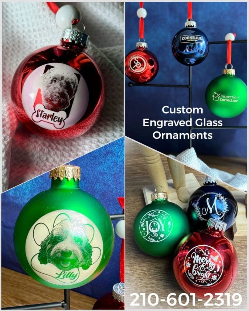 Custom engraved glass holiday ornaments display.