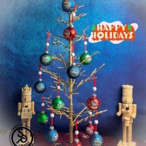 Decorative Christmas tree with colorful ornaments.