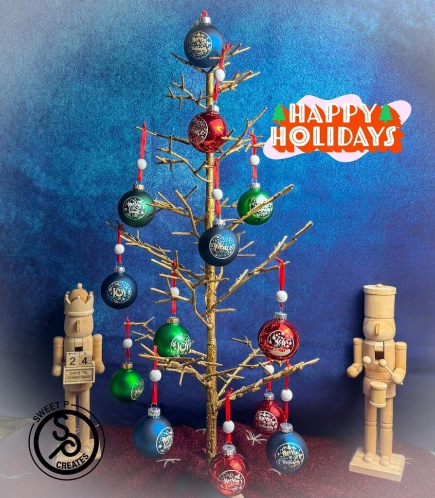 Decorative Christmas tree with colorful ornaments.