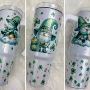 Gnome-themed travel mug with shamrock decorations.