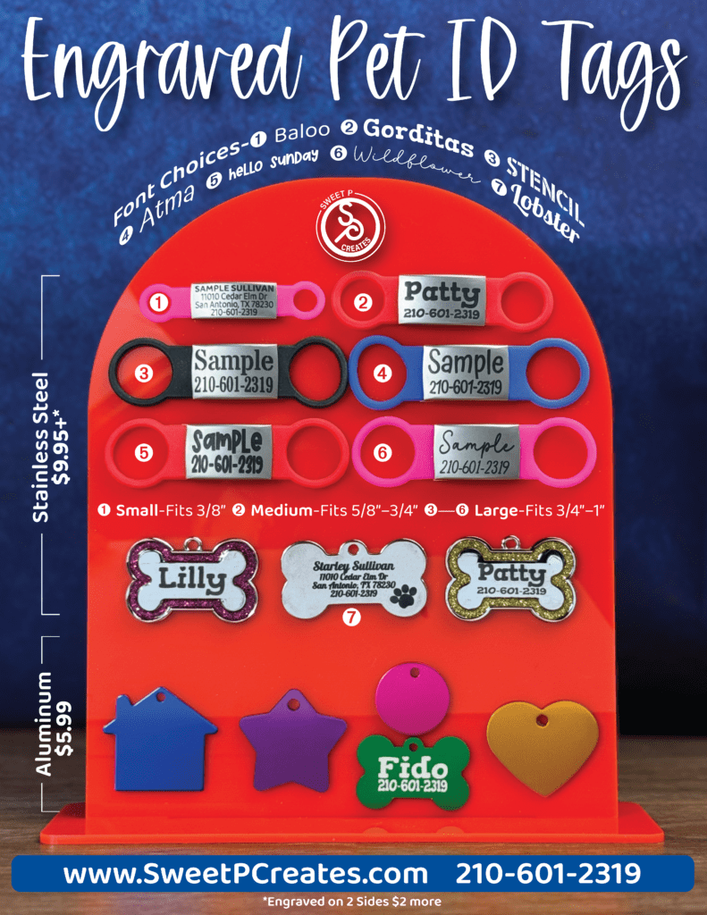 Engraved pet ID tags display board.