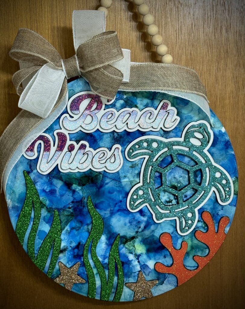 Beach-themed decoration with turtle and starfish.