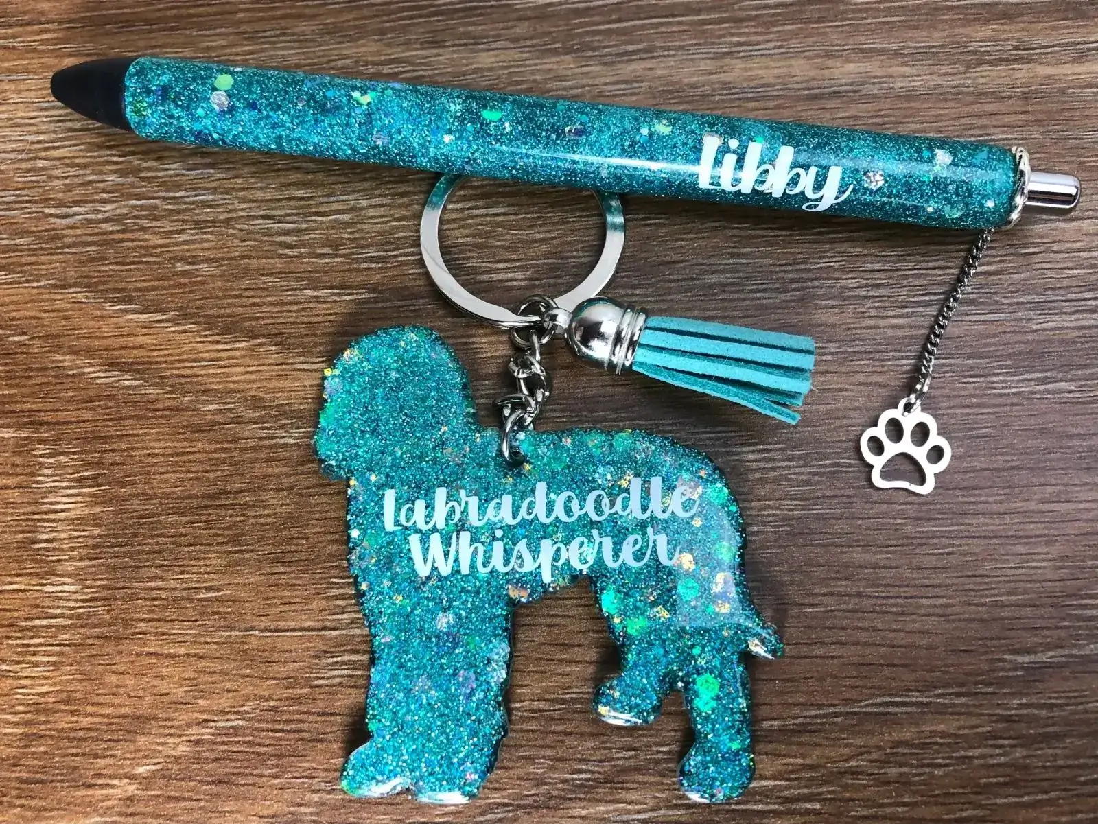 Glittery Labradoodle keychain and pen.