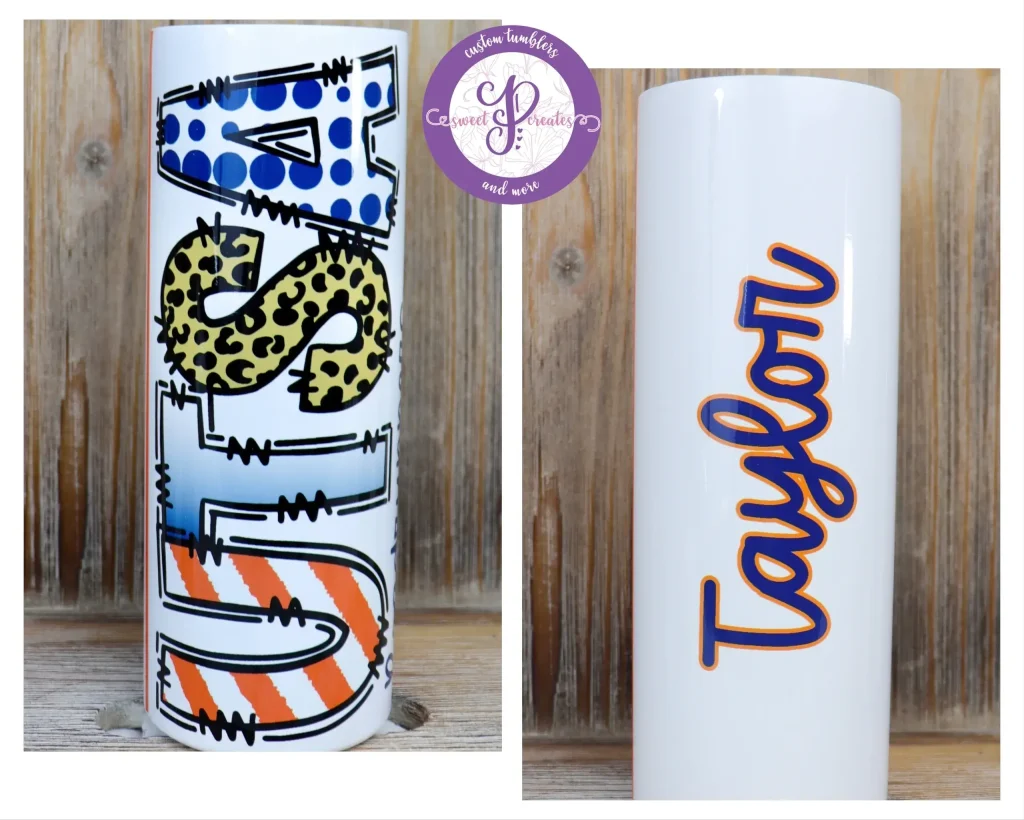 Custom tumbler featuring printed designs and name.