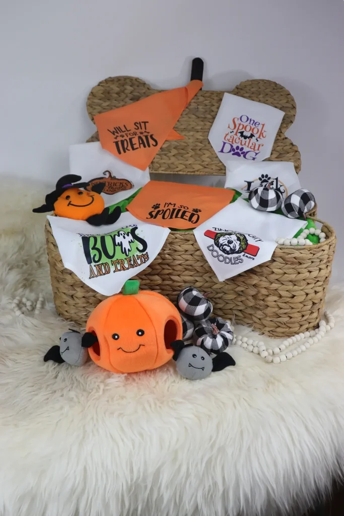 Halloween-themed dog accessories in a basket.