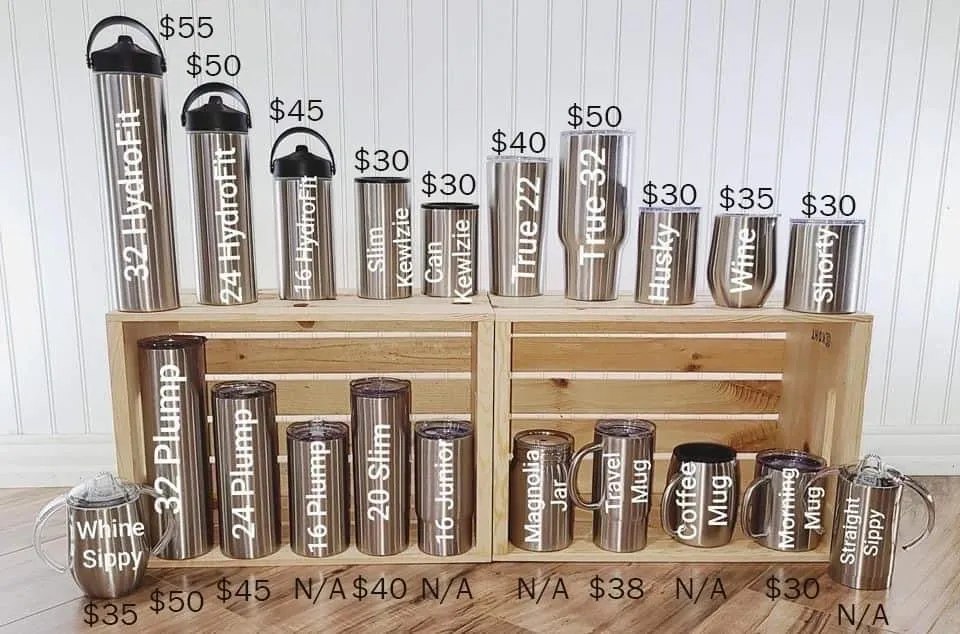 Various stainless steel tumblers with prices