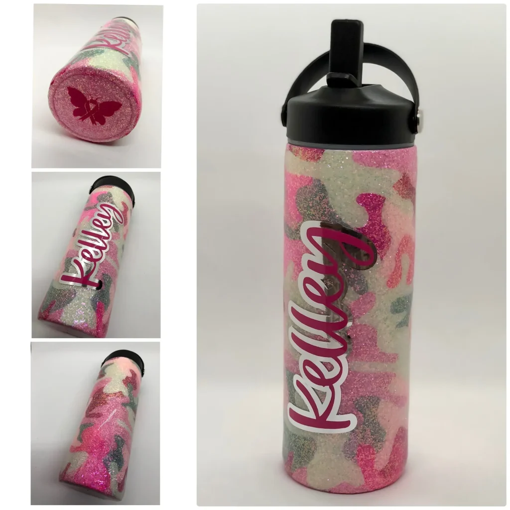 Personalized pink glitter camouflage water bottle.