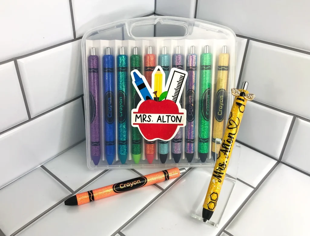 Colorful pens and pencils in a case.