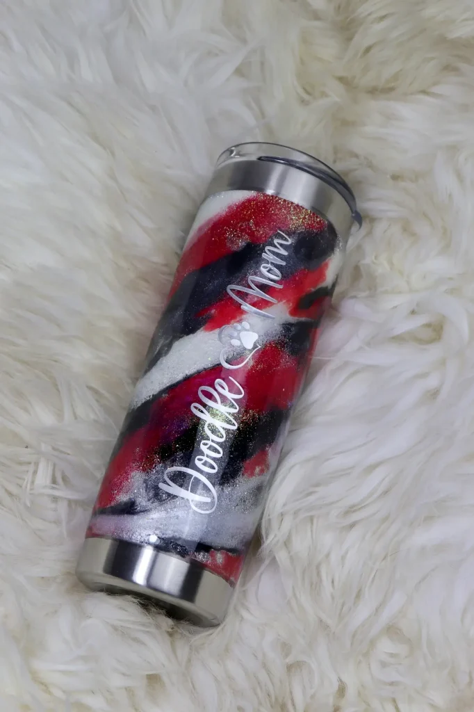 Glittery red and black Doodle Mom tumbler