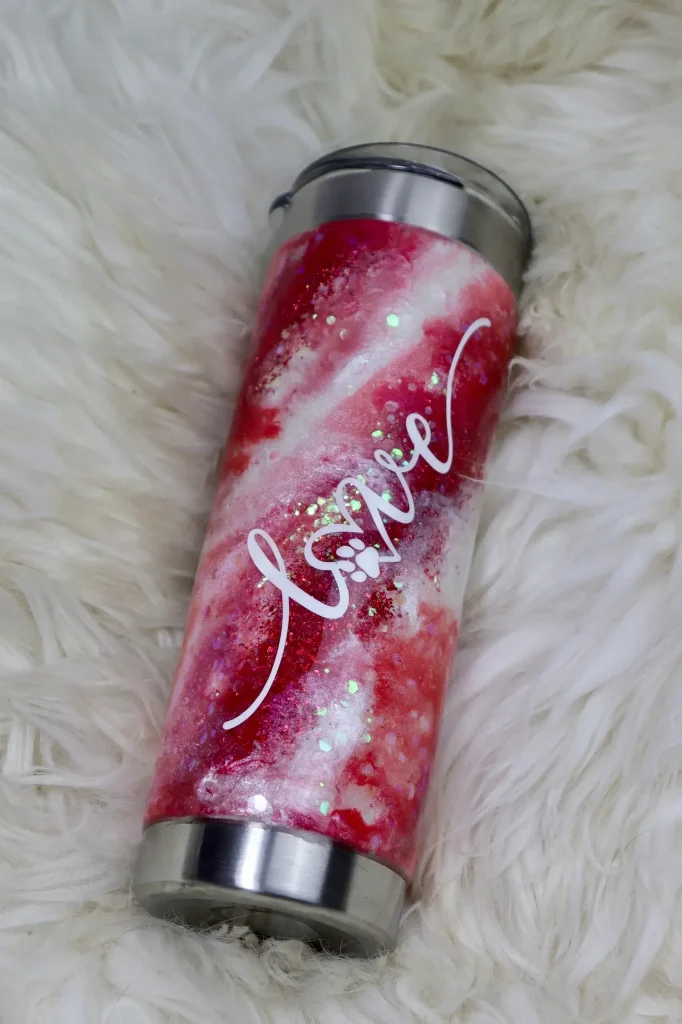 Pink marbled tumbler with glitter and paw heart
