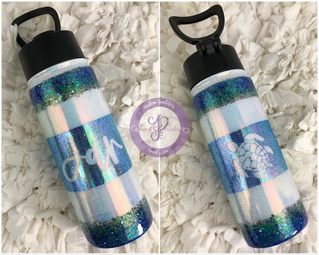 Glitter water bottle with turtle design.