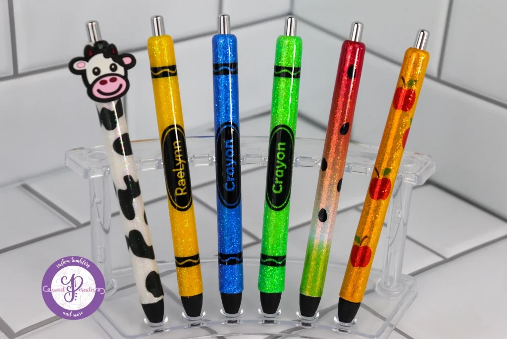 Colorful pens with fun designs and patterns.