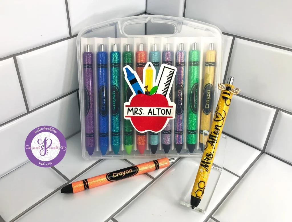 Colorful writing tools in a clear case.