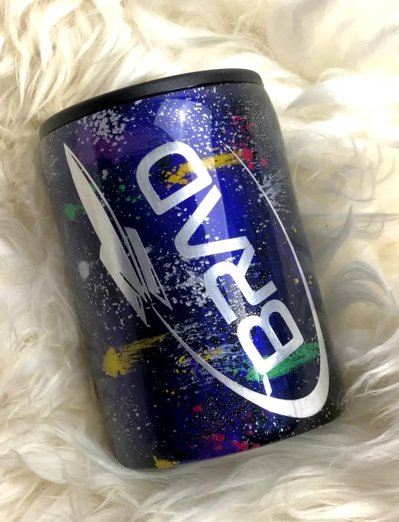 Colorful cylindrical container with logo design.
