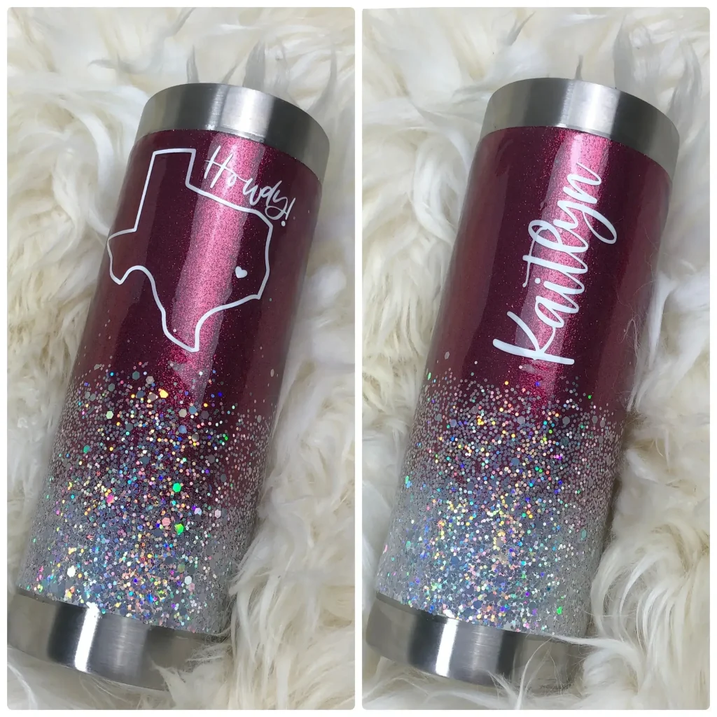 Personalized glitter tumbler with Texas design.